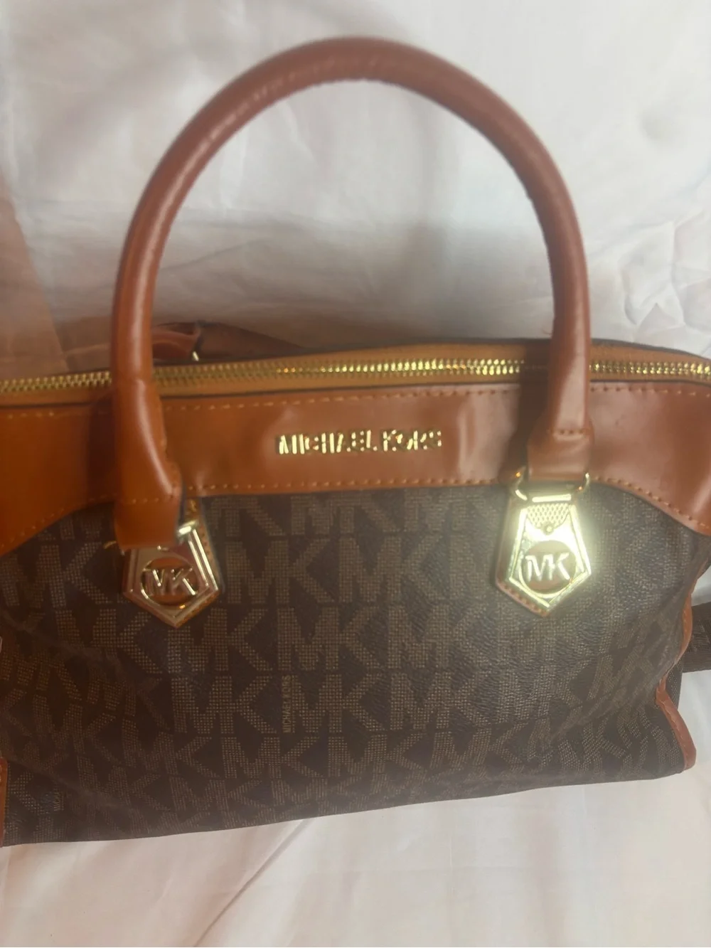 Michael Kors Brown and Tan MK Signature Duffel Bag